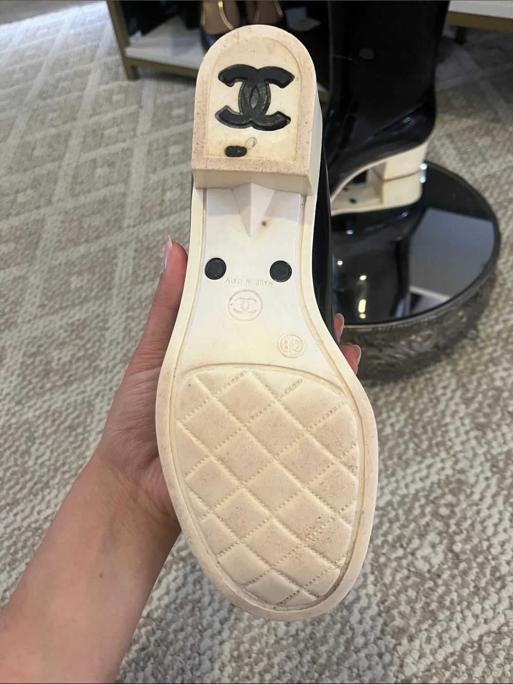 Authentic CHANEL Black Patent Rain Boots with Black and Cream Camellia